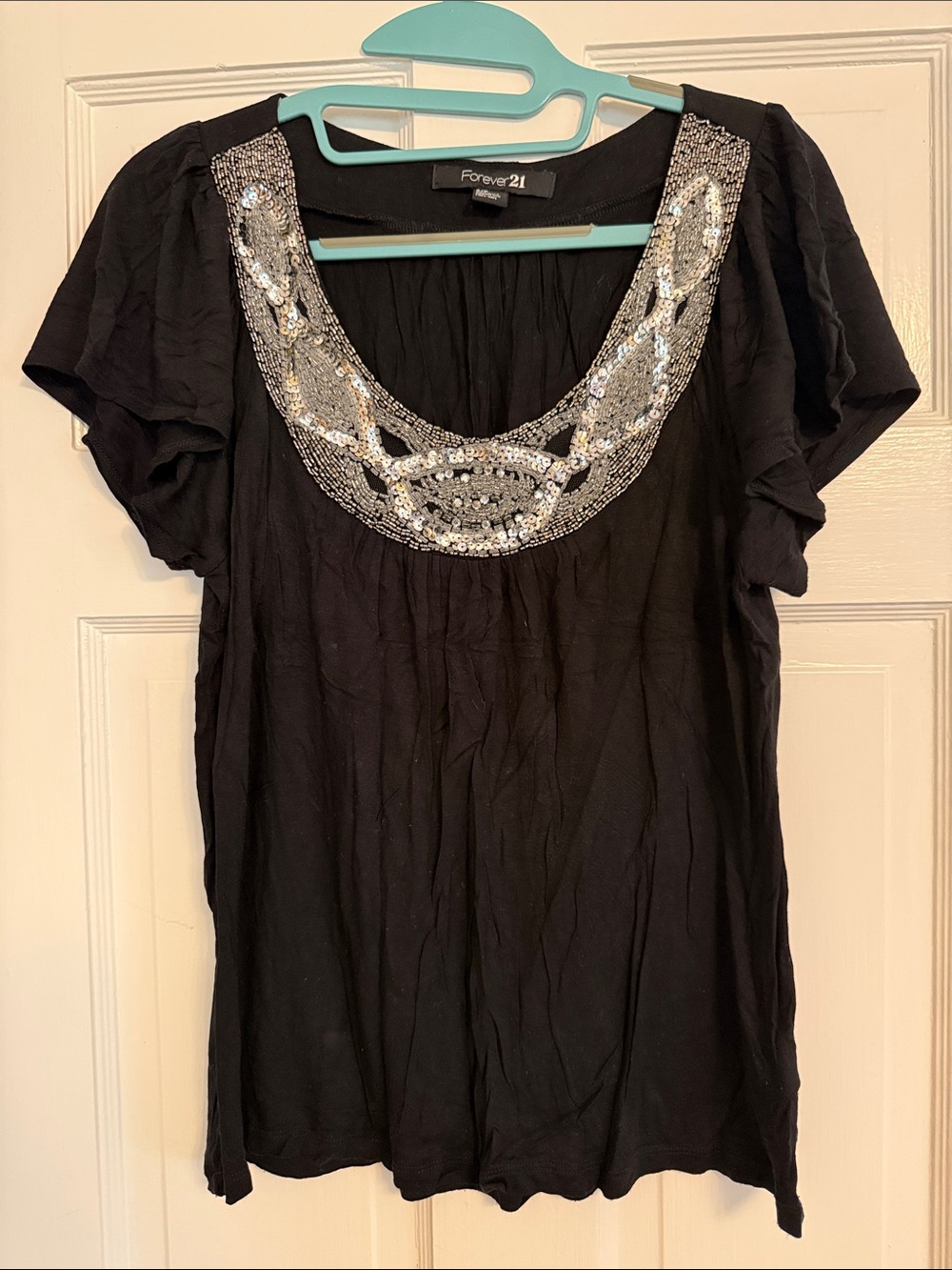 Forever 21 Black Short-Sleeve Top with Silver Sequin Scoop
